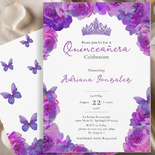 Quinceanera Elegant Purple Floral Tiara XV 15 Invitation