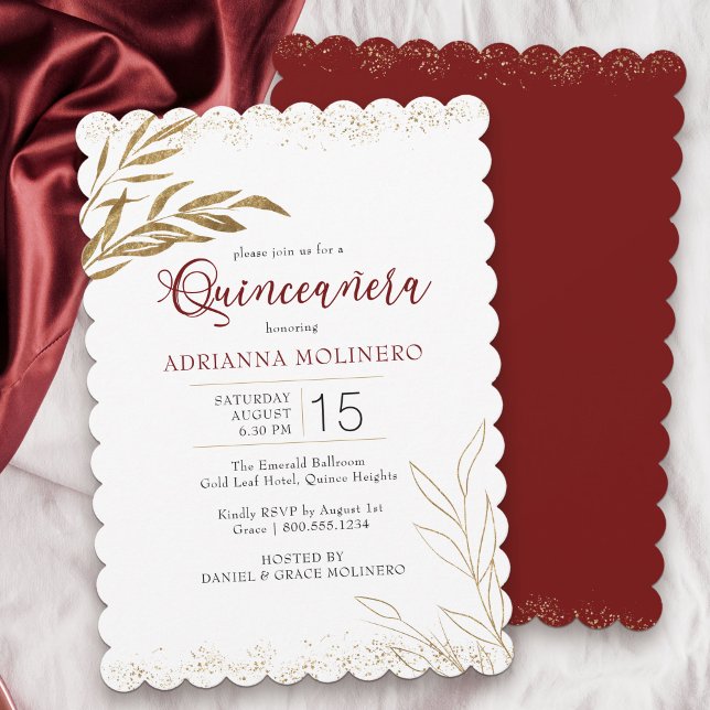 Quinceanera Elegant Red and Gold Leaf Invitation
