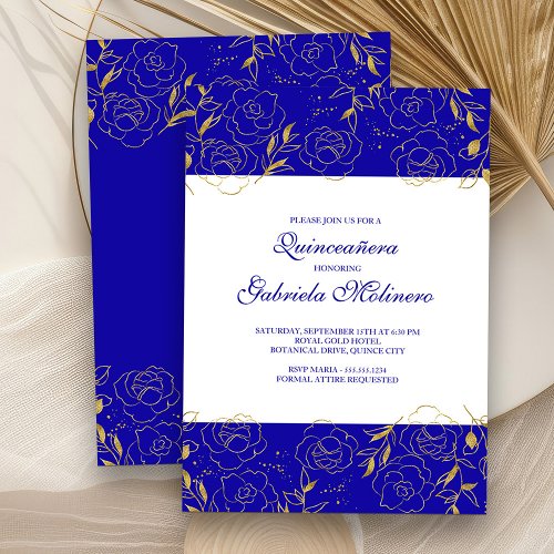 Quinceanera Elegant Royal Blue and Gold Floral Invitation