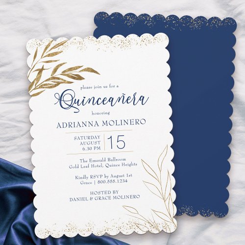 Quinceanera Elegant Royal Blue and Gold Leaf Invitation
