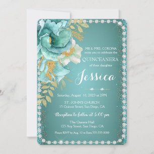 Quinceanera Elegant Teal Gold Floral Invitation