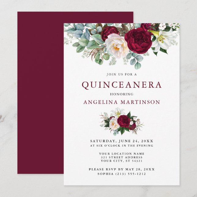 Quinceanera Elegant Watercolor Burgundy Floral Invitation (Front/Back)