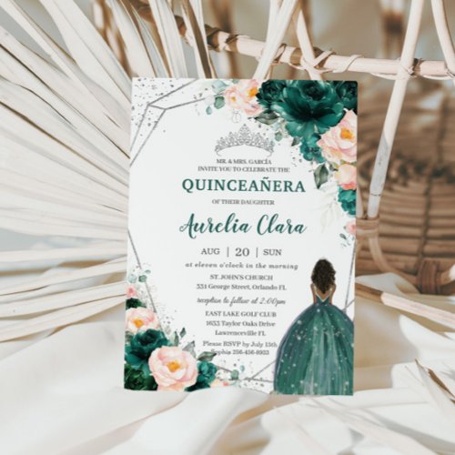 Quinceaera Emerald Blush Floral Brown Princess Invitation