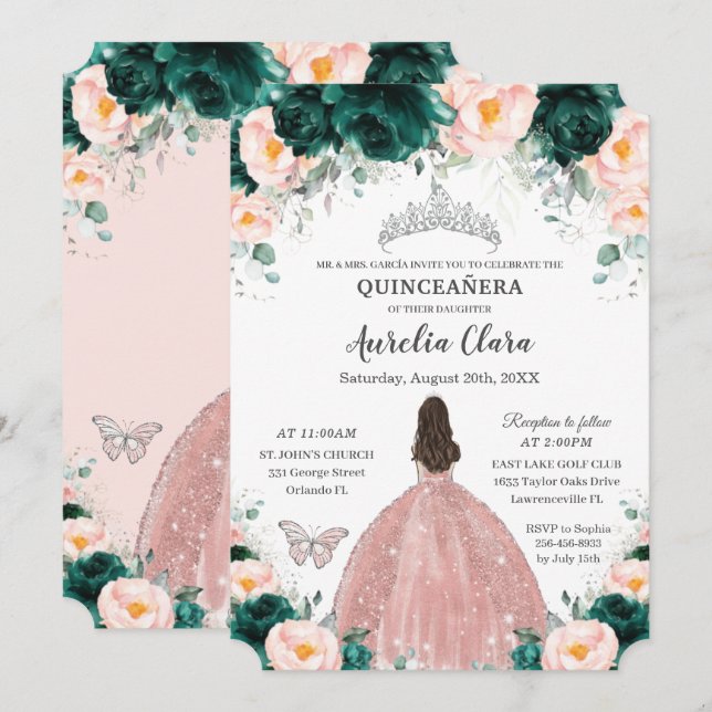 Quinceañera Emerald Blush Floral Princess Silver Invitation (Front/Back)