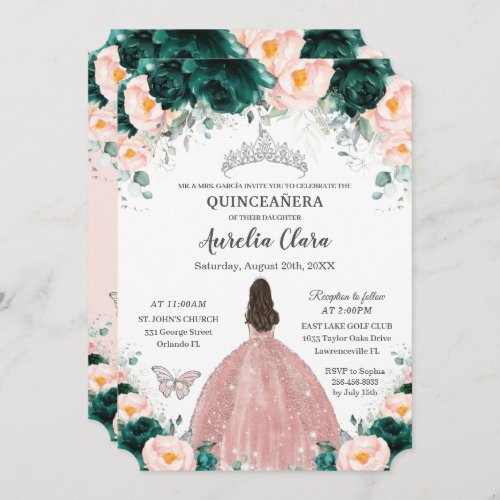 Quinceaera Emerald Blush Floral Princess Silver Invitation