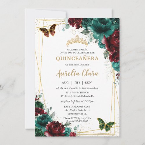 Quinceanera Emerald Burgundy Floral Butterflies Invitation