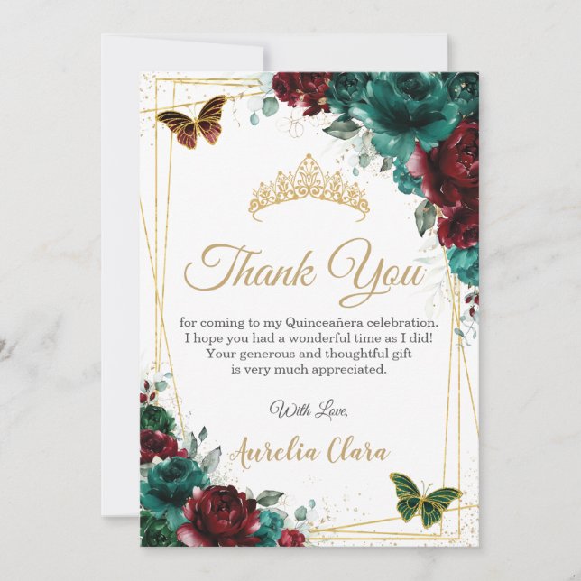 Quinceanera Emerald Burgundy Floral Thank You Card (Front)