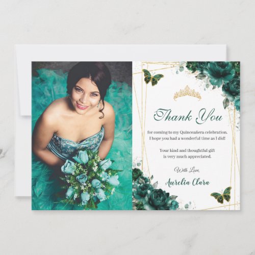 Quinceaera Emerald Floral Butterflies Birthday Thank You Card