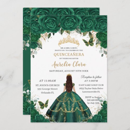Quinceaera Emerald Floral Princess Gold Crown  Invitation