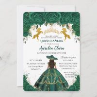 Quinceañera Emerald Floral Princess Gold Horses In Invitation