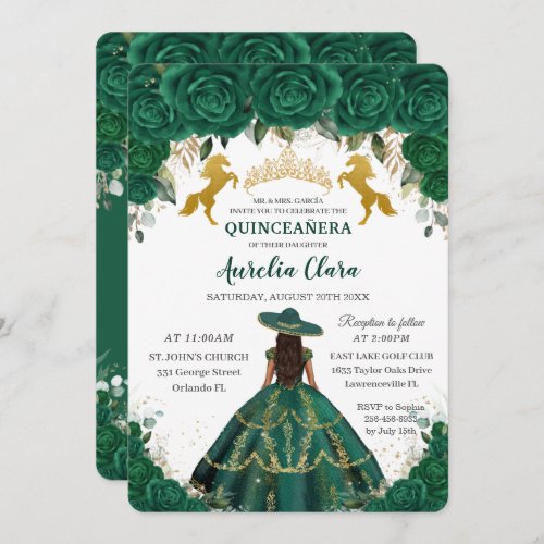 Quinceaera Emerald Floral Princess Gold Horses In Invitation
