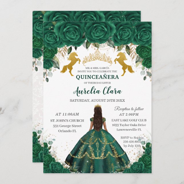 Quinceañera Emerald Floral Princess Gold Horses Invitation (Front/Back)