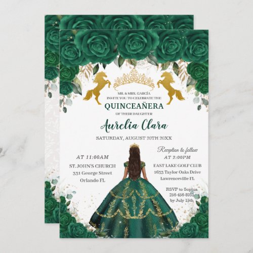 Quinceaera Emerald Floral Princess Gold Horses Invitation