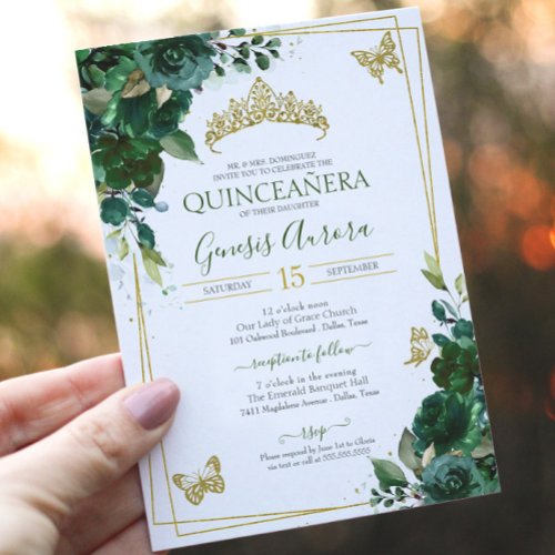 Quinceaera Emerald Forest Green Gold Butterfly Invitation