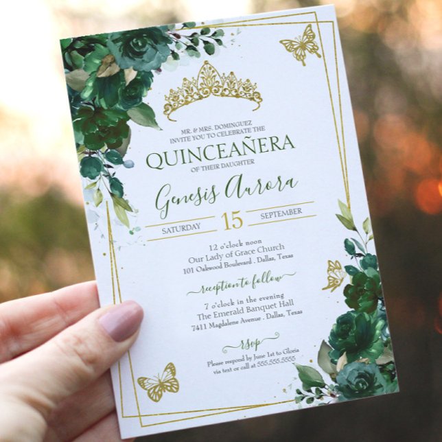 Quinceañera Emerald Forest Green Gold Butterfly Invitation (Creator Uploaded)