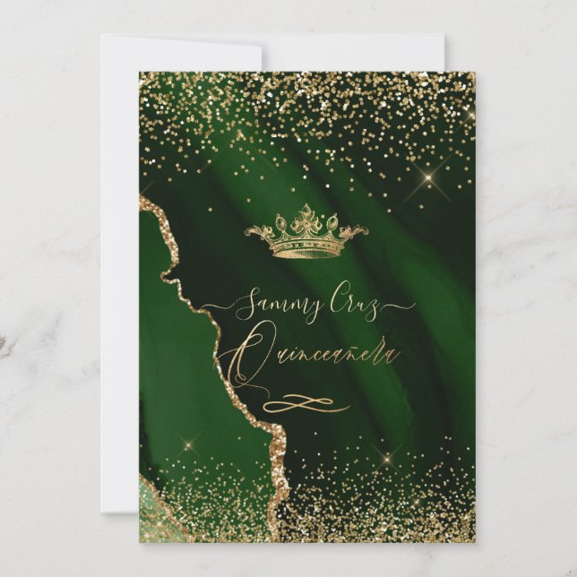 Quinceanera Emerald Green Agate Faux Gold Dust Inv Invitation (Front)