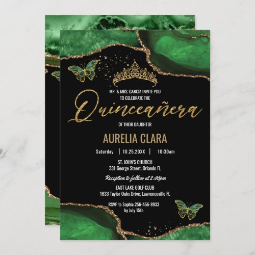 Quinceaera Emerald Green Agate Marble Butterflies Invitation