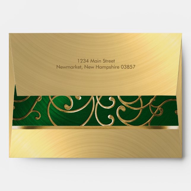 Quinceanera Emerald Green and Gold Filigree Swirls Envelope (Back (Top Flap))