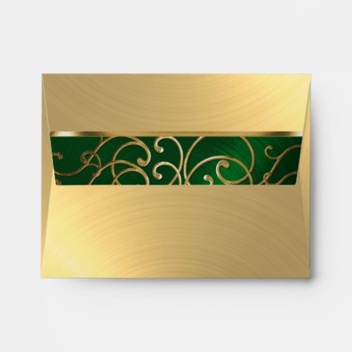 Quinceanera Emerald Green and Gold Filigree Swirls Envelope