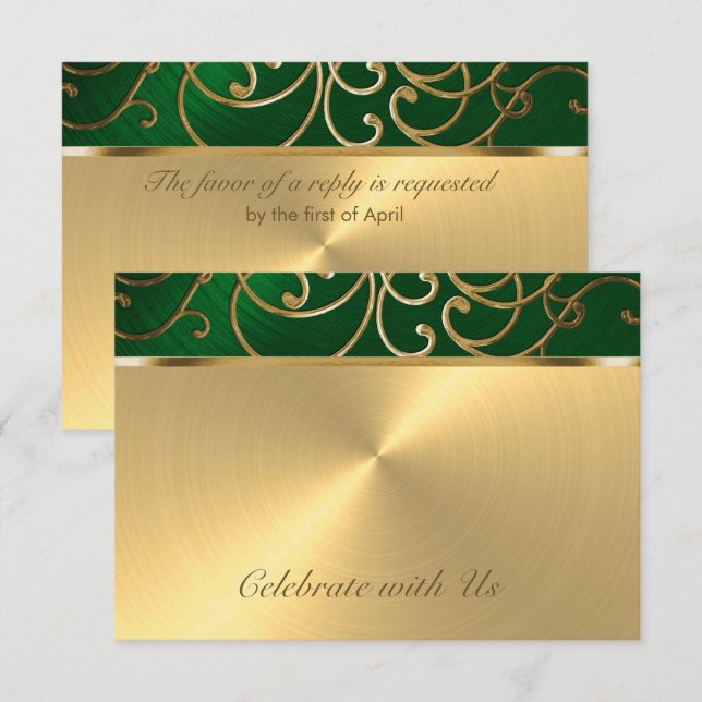 Quinceanera Emerald Green and Gold Filigree Swirls Invitation (Front/Back)