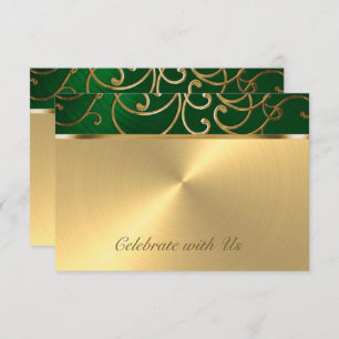 Quinceanera Emerald Green and Gold Filigree Swirls Invitation