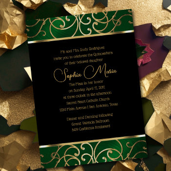 Quinceañera Emerald Green And Gold Filigree Swirls Invitation by TailoredType at Zazzle