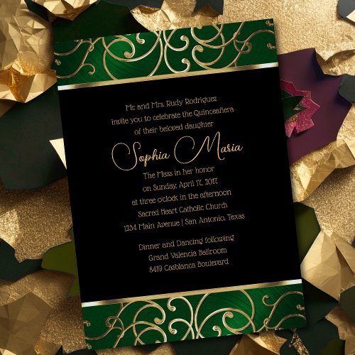 Quinceaera Emerald Green and Gold Filigree Swirls Invitation