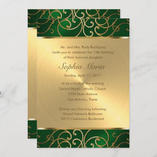 Quinceanera Emerald Green and Gold Filigree Swirls Invitation