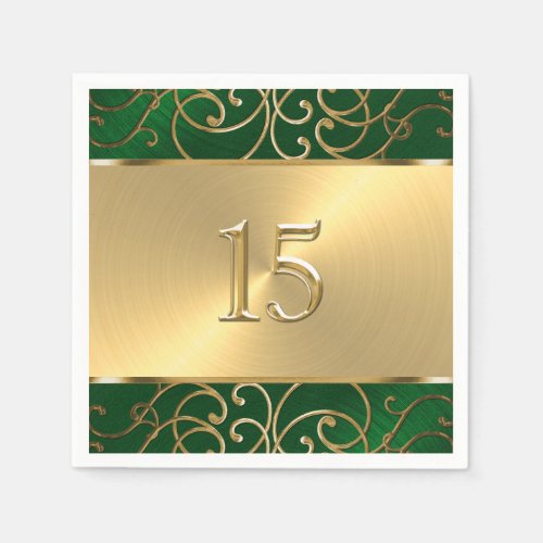 Quinceanera Emerald Green and Gold Filigree Swirls Paper Napkins