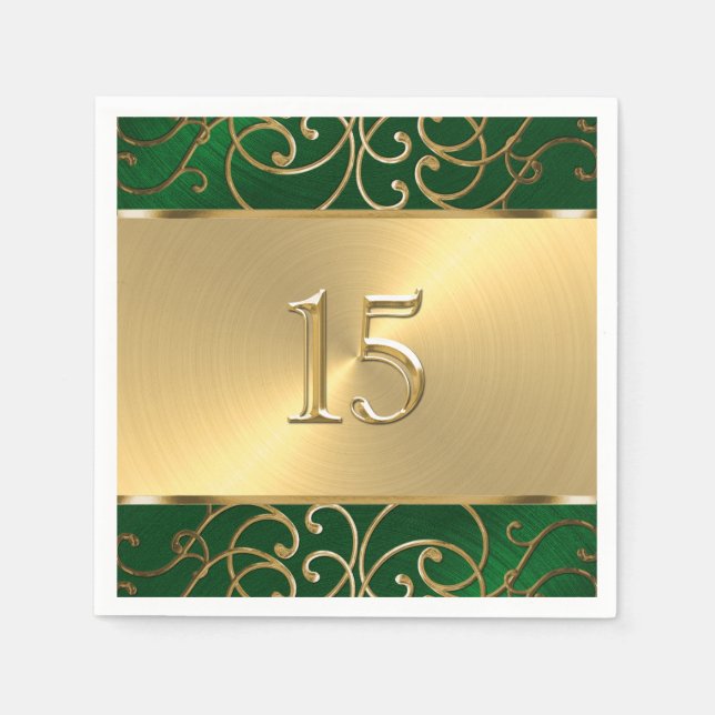 Quinceanera Emerald Green and Gold Filigree Swirls Paper Napkins (Front)