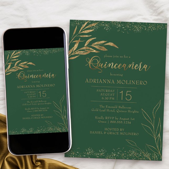 Quinceanera Emerald Green and Gold Leaf Elegant Invitation (Elegant Quinceanera invitation in emerald green from my Gold Leaf Collection)