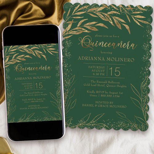 Quinceanera Emerald Green and Gold Leaves Elegant Invitation