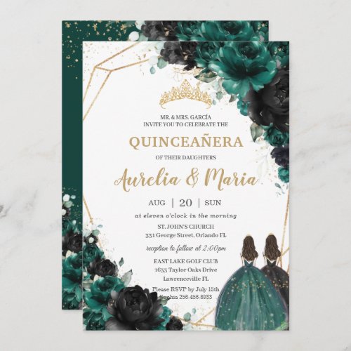 Quinceaera Emerald Green Black Floral Roses Twins Invitation