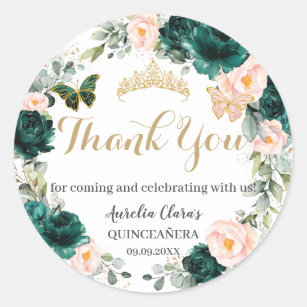 Quinceañera Emerald Green Blush Floral Birthday Classic Round Sticker