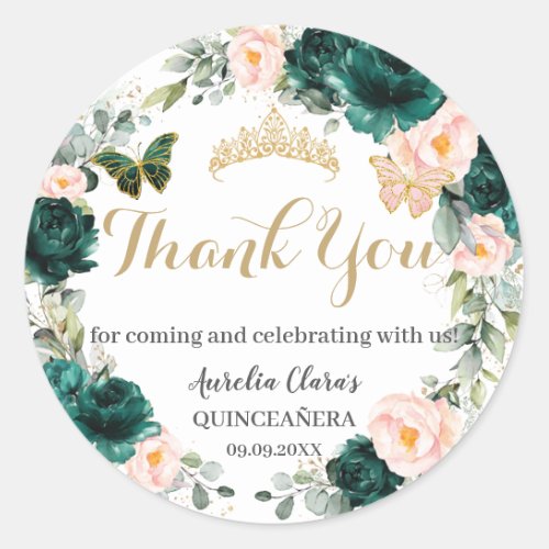 Quinceaera Emerald Green Blush Floral Birthday Classic Round Sticker