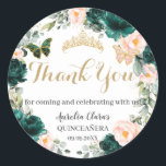 Quinceañera Emerald Green Blush Floral Birthday Classic Round Sticker<br><div class="desc">Personalize these lovely quinceañera / sweet 16 / birthday sticker labels with own wording easily and quickly,  simply press the customize it button to further re-arrange and format the style and placement of the text.  Matching items available in store!  (c) The Happy Cat Studio</div>