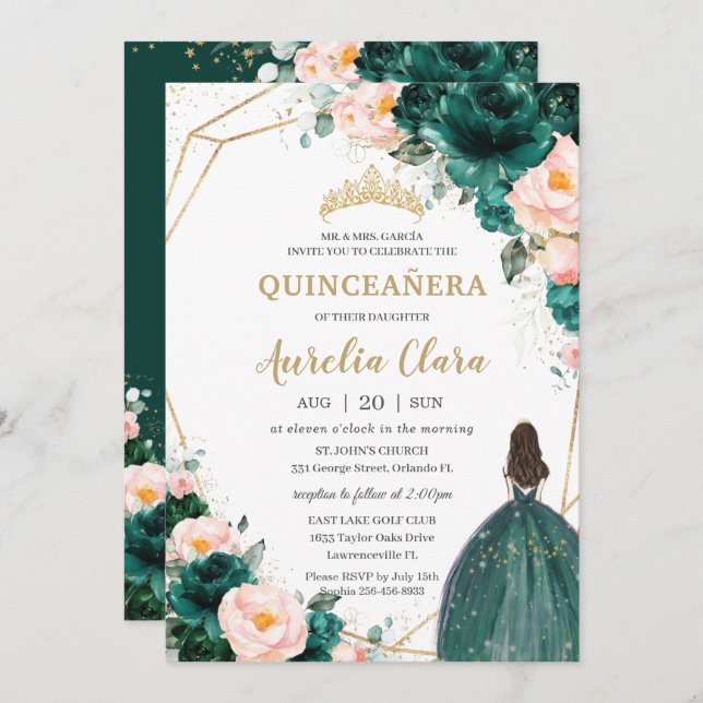Quinceañera Emerald Green Blush Floral Princess  Invitation (Front/Back)
