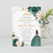 Quinceañera Emerald Green Blush Floral Princess  Invitation (Standing Front)