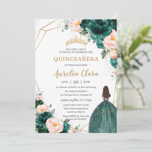 Quinceañera Emerald Green Blush Floral Princess Invitation | Zazzle