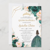Quinceañera Emerald Green Blush Floral Princess  Invitation (Front)