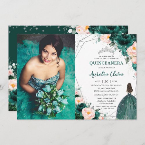 Quinceaera Emerald Green Blush Floral Princess  Invitation