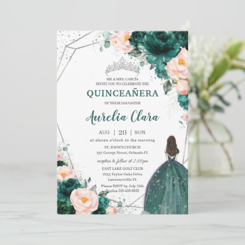 Quinceaera Emerald Green Blush Floral Princess Invitation