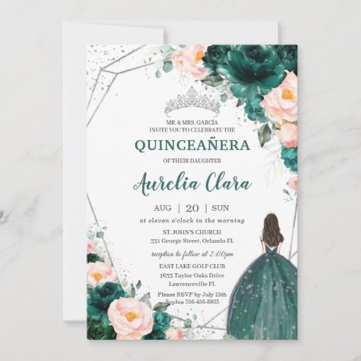 Quinceañera Emerald Green Blush Floral Princess Invitation | Zazzle