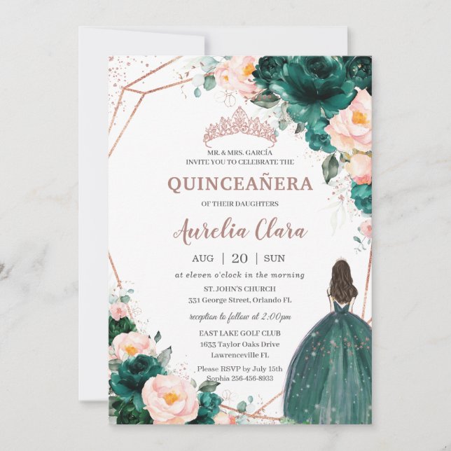 Quinceañera Emerald Green Blush Floral Rose Gold Invitation (Front)