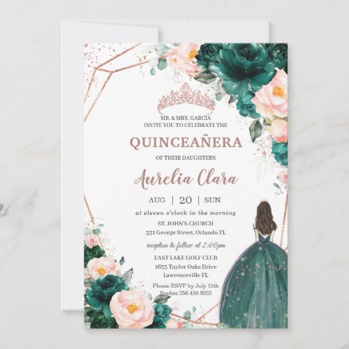 Quinceaera Emerald Green Blush Floral Rose Gold Invitation