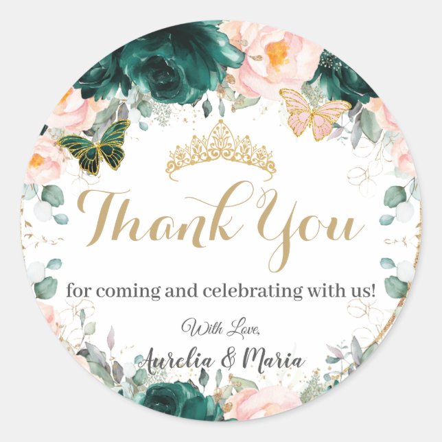 Quinceañera Emerald Green Blush Floral Twins  Classic Round Sticker (Front)