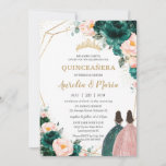Quinceañera Emerald Green Blush Floral Twins  Invitation<br><div class="desc">Personalize this lovely quinceañera invitation with own wording easily and quickly,  simply press the customize it button to further re-arrange and format the style and placement of the text.  Matching items available in store!  (c) The Happy Cat Studio</div>