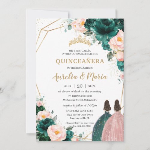 Quinceaera Emerald Green Blush Floral Twins  Invitation