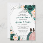 Quinceañera Emerald Green Blush Floral Twins  Invitation<br><div class="desc">Personalize this lovely quinceañera invitation with own wording easily and quickly,  simply press the customize it button to further re-arrange and format the style and placement of the text.  Matching items available in store!  (c) The Happy Cat Studio</div>