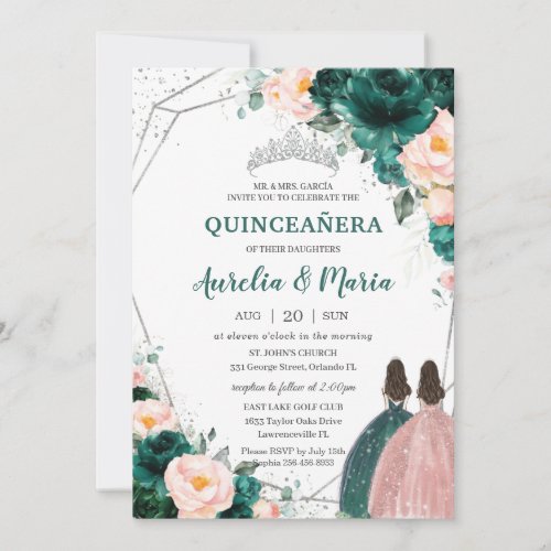 Quinceaera Emerald Green Blush Floral Twins  Invitation